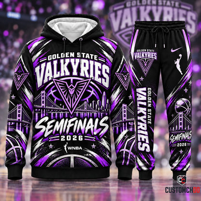 Golden State Valkyries neon violet semifinals edition streetwear hoodie and joggers fan set - front view