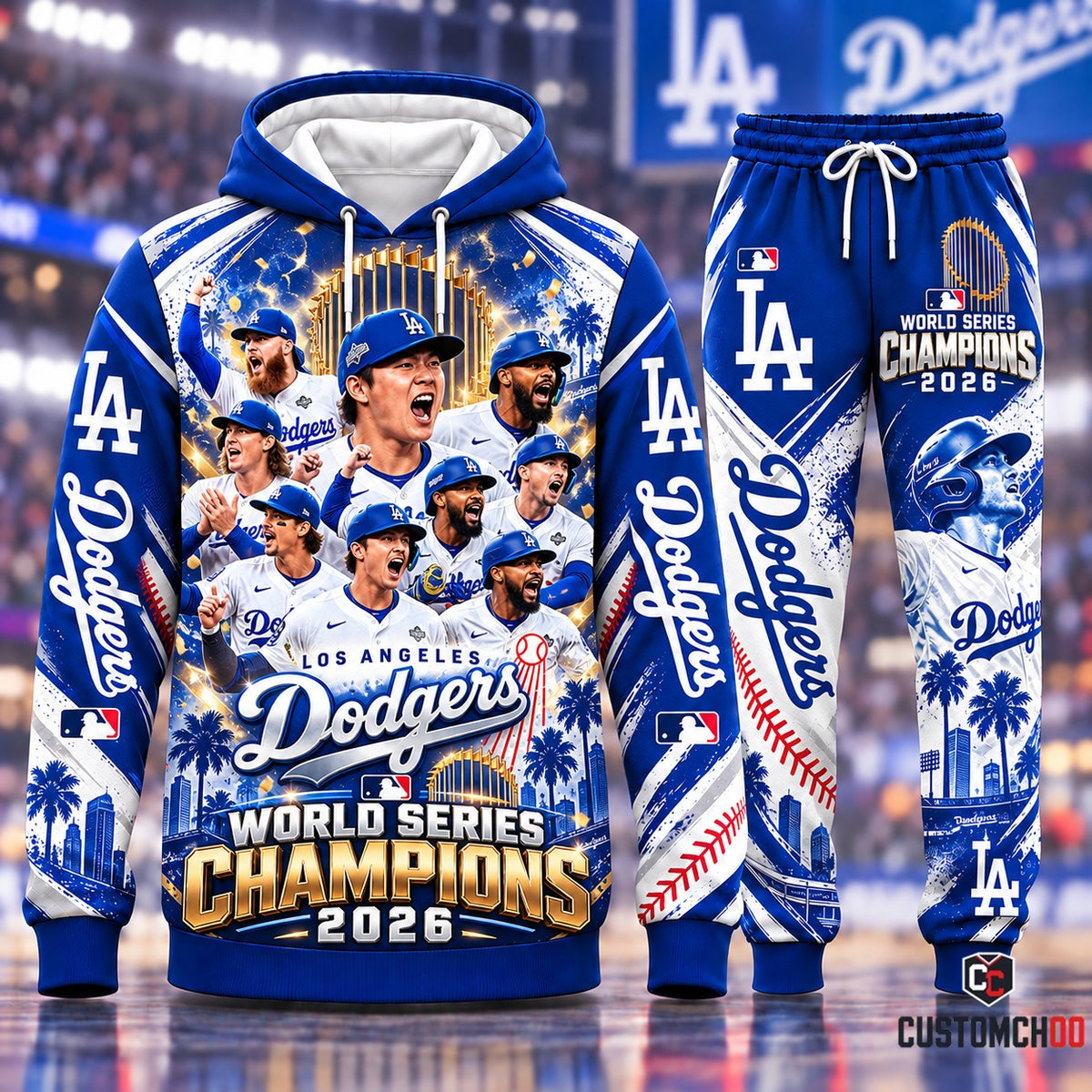 Los Angeles Dodgers World Series Champions 2026 Gold Trophy Roster Celebration Hoodie and Sweatpants Set