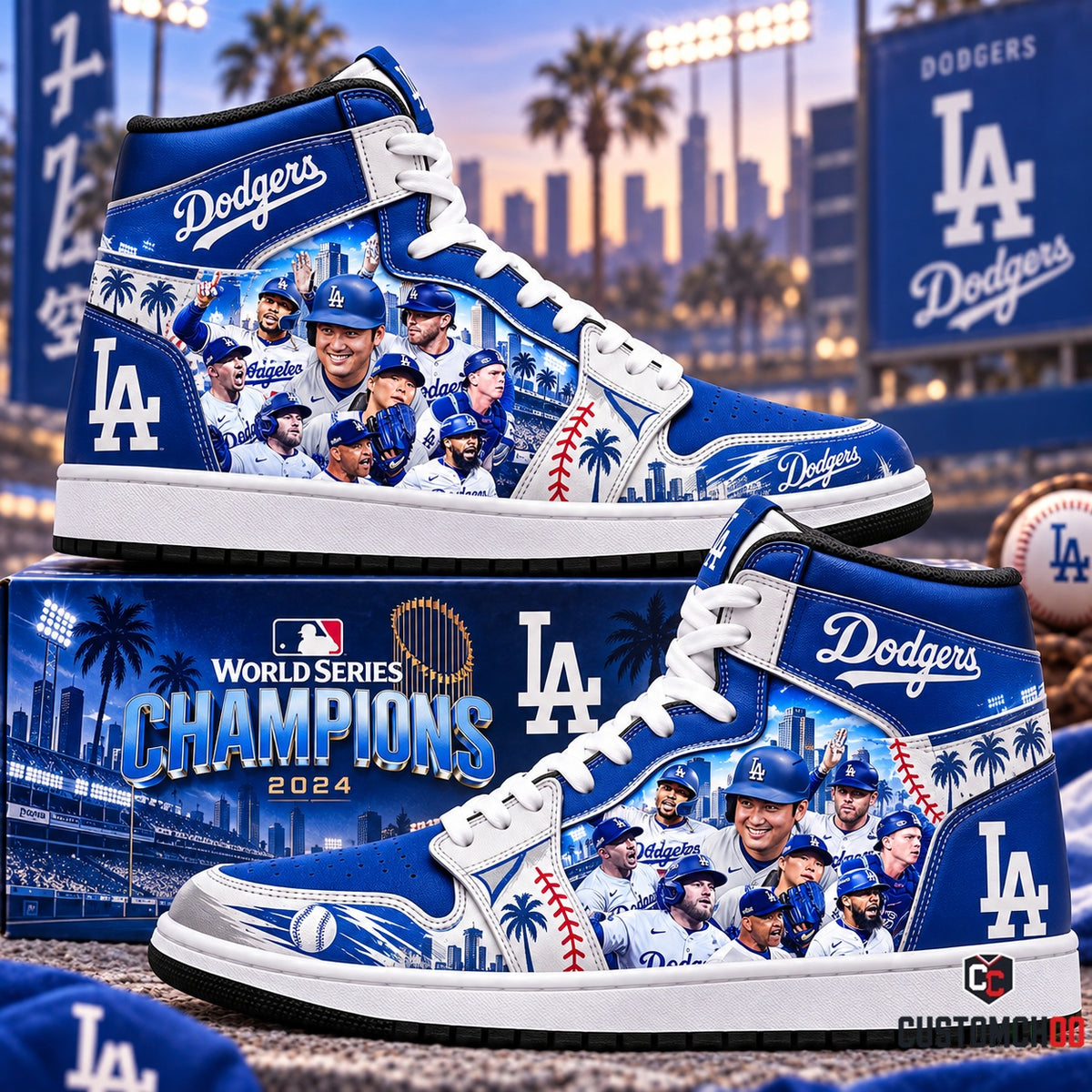 Los Angeles Dodgers World Series Champions Dodger Stadium Night Edition High Top Sneakers and Collector Box featuring Shohei Ohtani, Mookie Betts, and Freddie Freeman