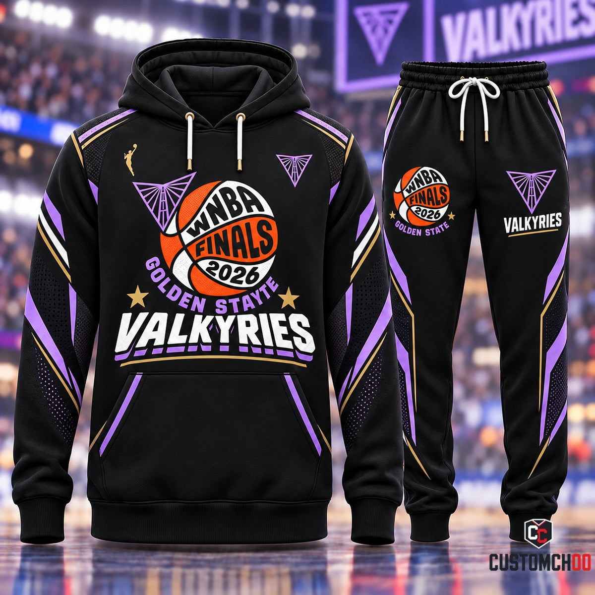 Golden State Valkyries WNBA Finals 2026 Classic Edition Pullover Hoodie and Jogger Sweatpants Set with Bay Bridge Crest and Basketball Graphic