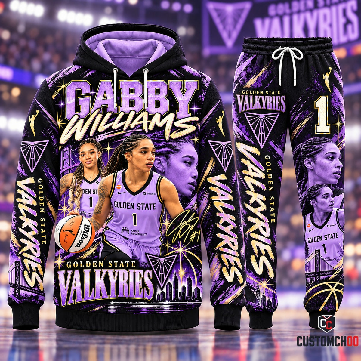 Golden State Valkyries Gabby Williams #1 Signature Edition Hoodie and Pants Fan Set with Wilson Basketball, Signature, and Bay Bridge Artwork