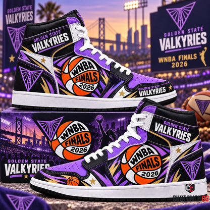 Golden State Valkyries WNBA Finals 2026 high top sneakers and matching collector box featuring Bay Bridge logo in violet and black - Style 01