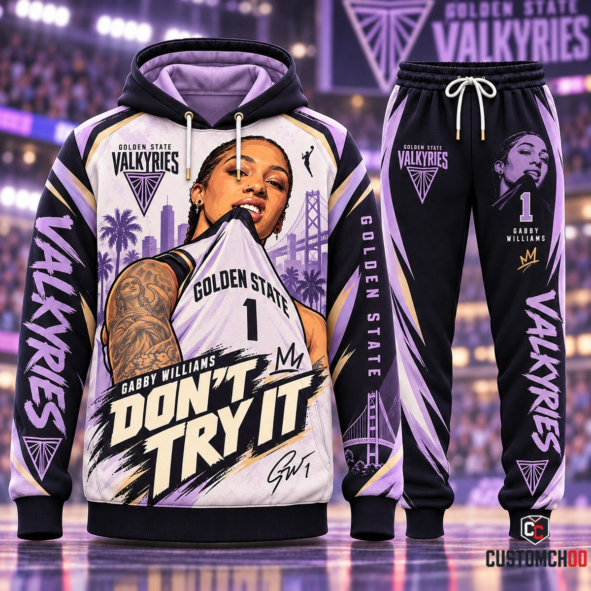 Gabby Williams #1 Don't Try It Golden State Valkyries Streetwear Tracksuit Set with Jersey Collar Bite, Bay Bridge Graphic, and Signature