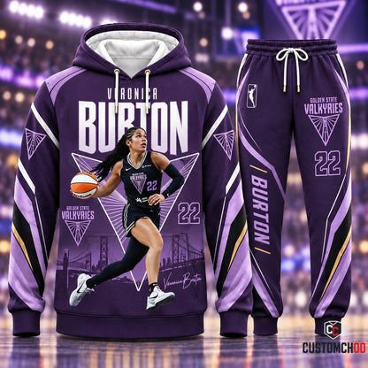 Veronica Burton #22 Midnight Purple Skyline Golden State Valkyries Graphic Pullover Hoodie and Jogger Sweatpants Set with Bay Bridge Graphic