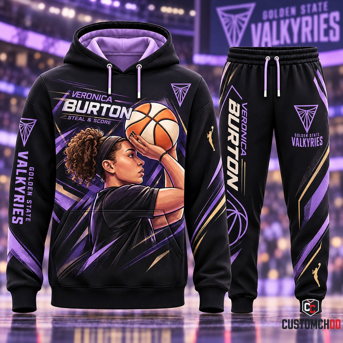 Veronica Burton Steal & Score Golden State Valkyries Jumpshot Artwork Graphic Hoodie and Jogger Tracksuit Set with Geometric Purple Gold Accents