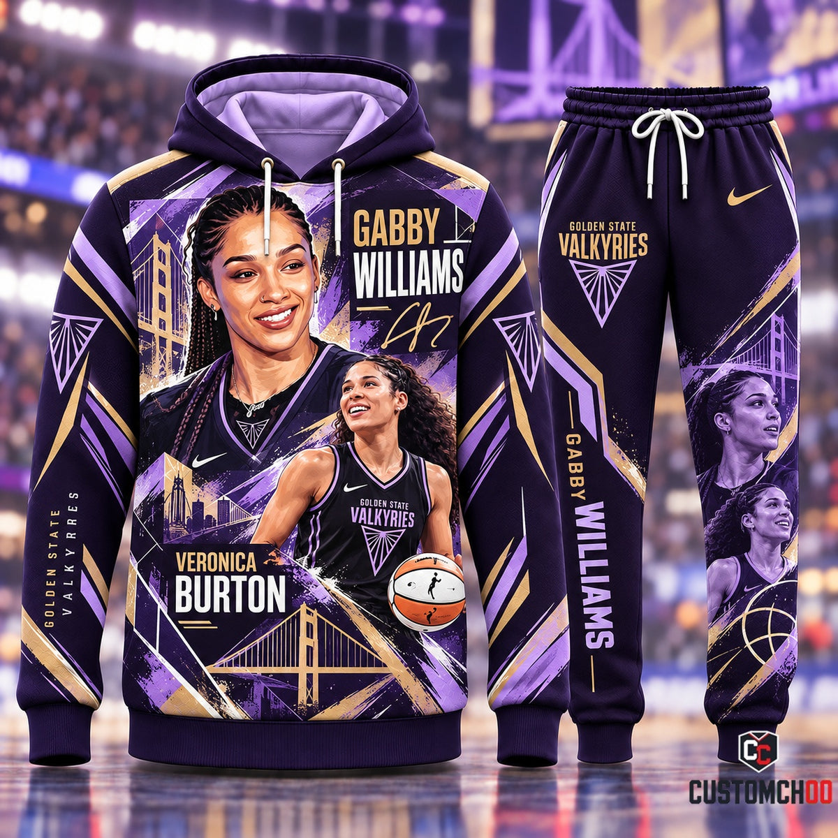 Gabby Williams and Veronica Burton Dynamic Duo Golden State Valkyries Streetwear Tracksuit Set with Golden Gate Bridge and Player Signatures