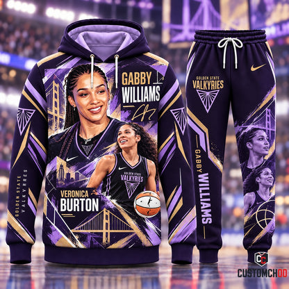 Gabby Williams and Veronica Burton Dynamic Duo Golden State Valkyries Streetwear Tracksuit Set with Golden Gate Bridge and Player Signatures