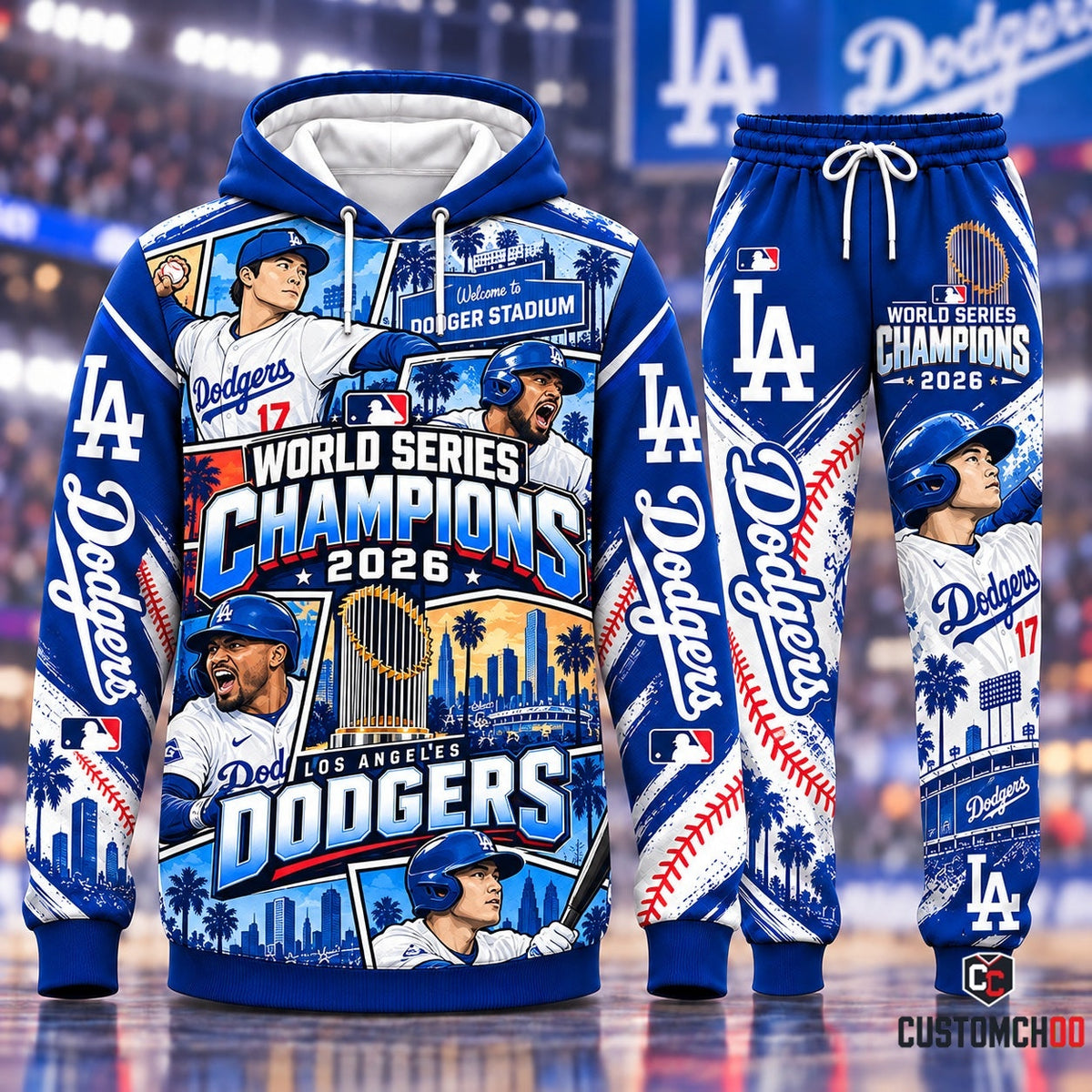 Dodger Stadium Welcome Comic Panel Los Angeles Dodgers World Series Champions 2026 hoodie and pants tracksuit set - front view