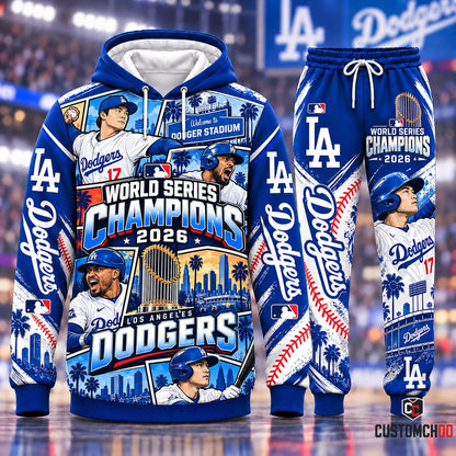 Dodger Stadium Welcome Comic Panel Los Angeles Dodgers World Series Champions 2026 hoodie and pants tracksuit set - front view