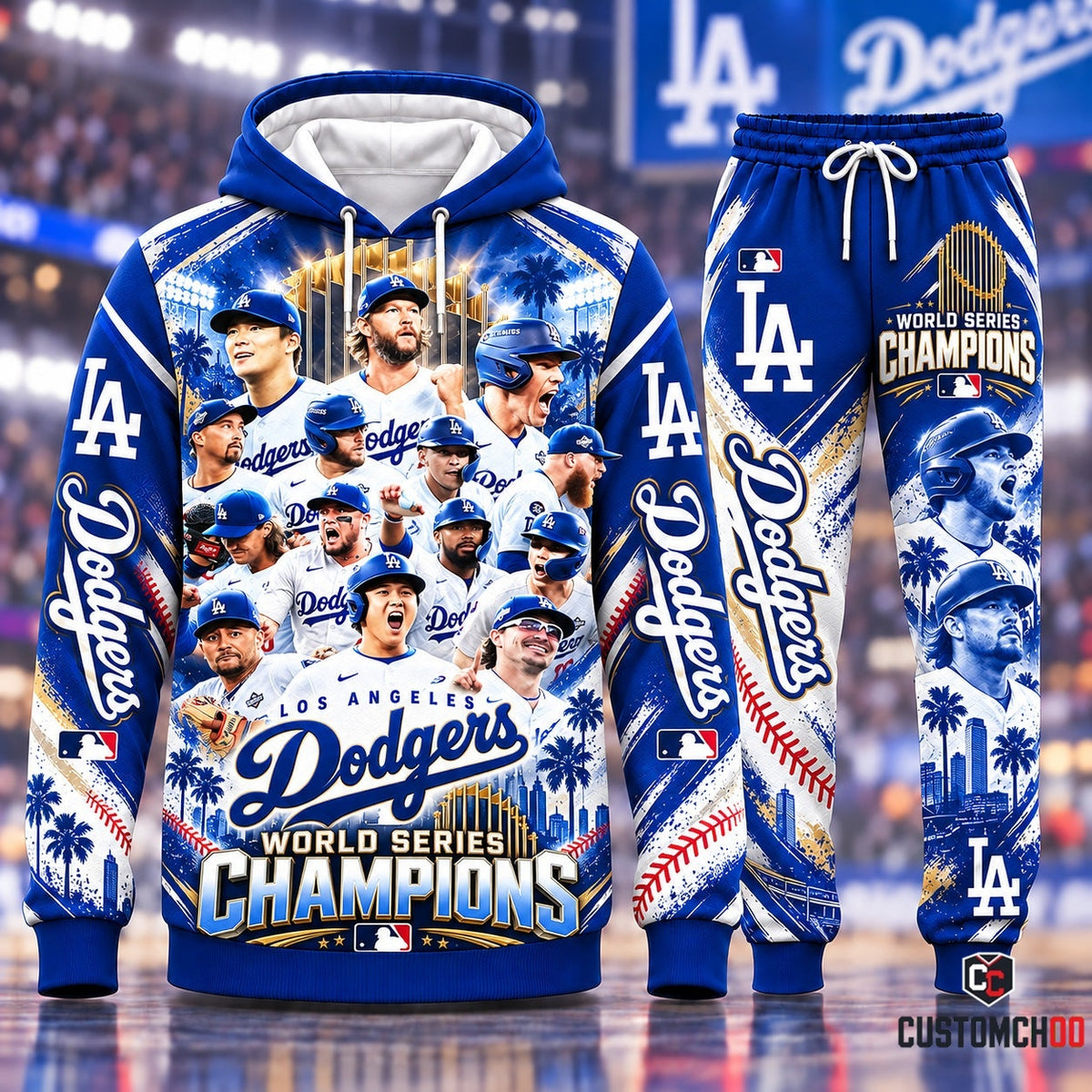 Los Angeles Dodgers World Series Champions full roster all-stars dynasty pullover hoodie and sweatpants tracksuit set - front view