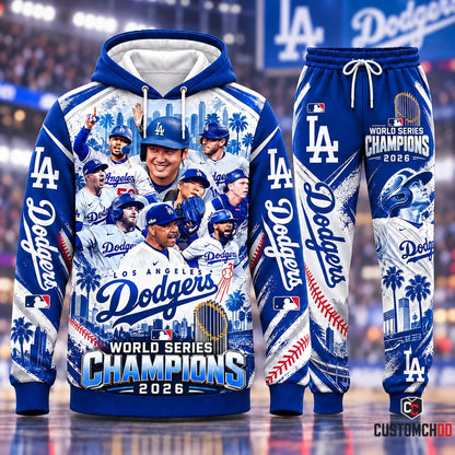 Los Angeles Dodgers World Series Champions 2026 Victory Squad lineup hoodie and sweatpants matching fan set - front view