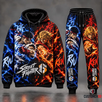Street Fighter 6 Ryu vs Ken Dynamic Strike Fist Clash Pullover Hoodie and Matching Jogger Sweatpants Set with Electric Blue and Crimson Fire Kanji