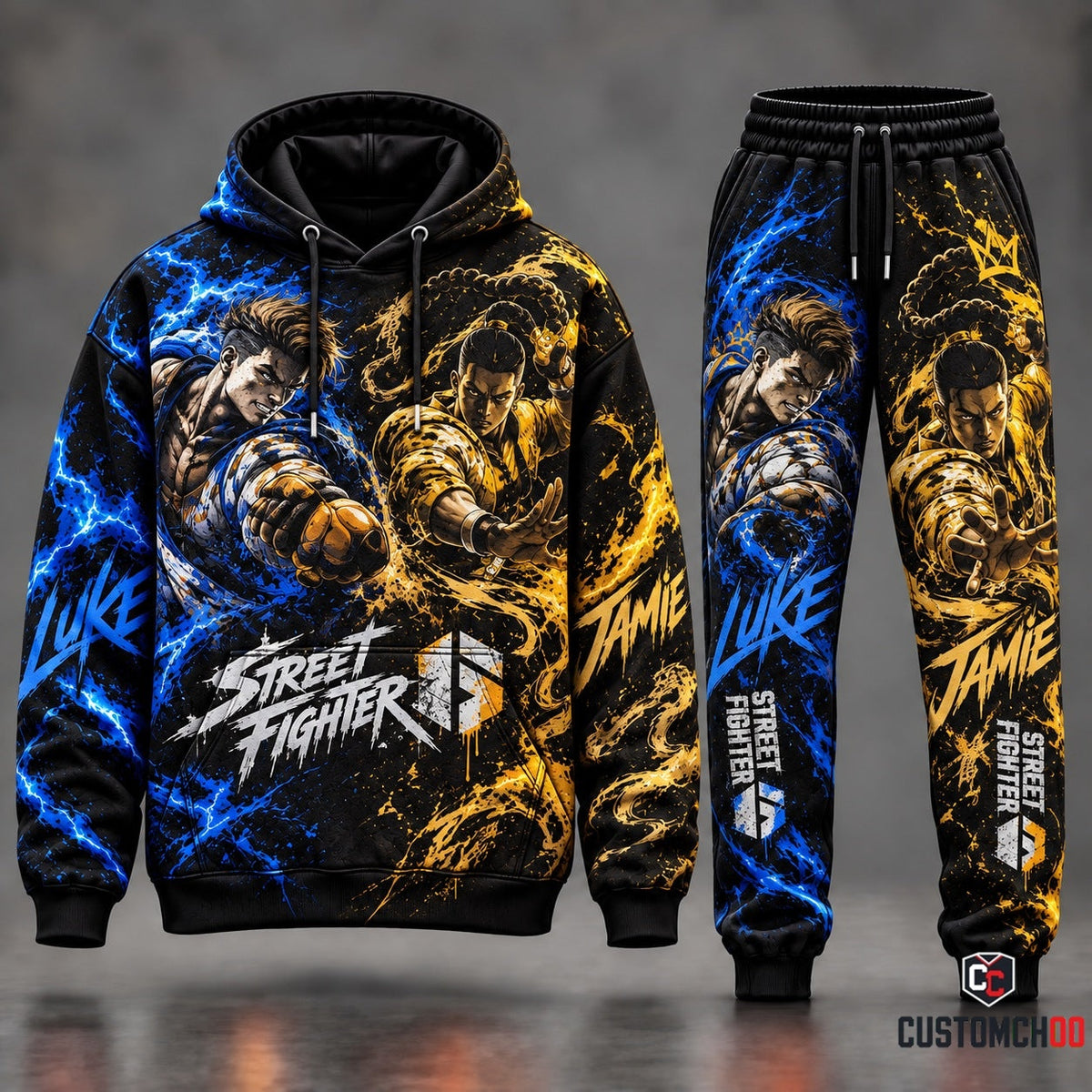 Street Fighter 6 Luke vs Jamie New Generation Tracksuit Set featuring MMA Flash Knuckle Blue Lightning and Drunken Fist Amber Dragon Swirls