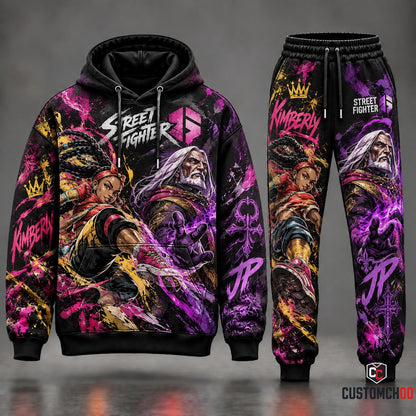 Street Fighter 6 Kimberly vs JP Graffiti Ninja Streetwear Tracksuit Set with Hot Pink Spray Paint Splatters and Dark Purple Psycho Rift Artwork