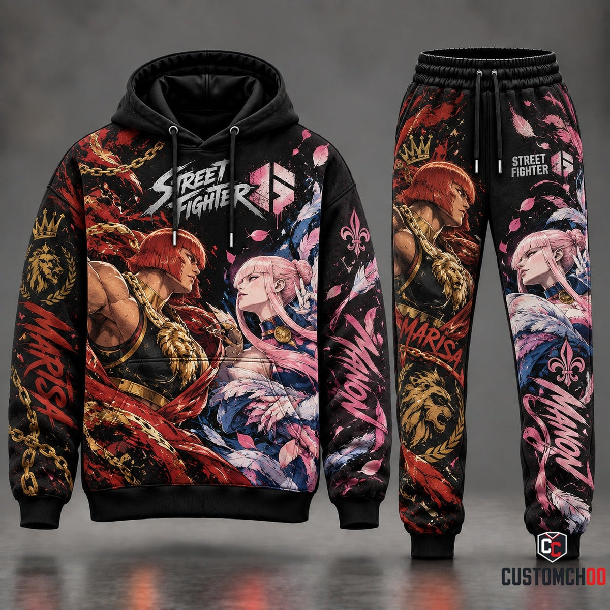 Street Fighter 6 Marisa vs Manon Streetwear Tracksuit Set featuring Roman Lion Crest Gold Chains and French Ballet Judo Feather Flourish Graphics