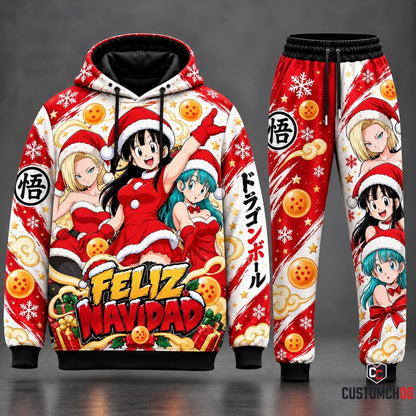 Dragon Ball Christmas Fan Set Style 01 featuring Android 18, Chi-Chi in Santa Dress and Bulma with Feliz Navidad Text, Goku Kanji 悟, Dragon Balls, Pullover Hoodie and Matching Joggers Tracksuit Set