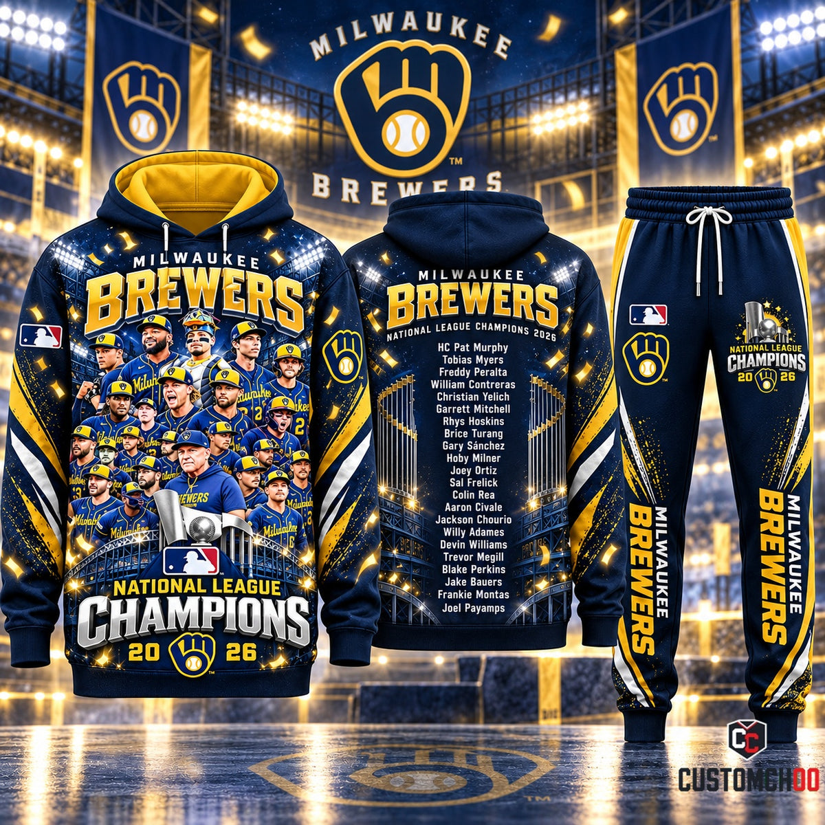 Milwaukee Brewers 2026 NL Champions Stadium Roster Graphic Hoodie and Sweatpants Tracksuit Set — Style 01 Midnight Navy Edition