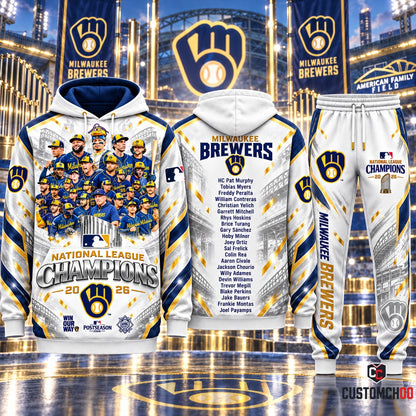 Milwaukee Brewers 2026 NL Champions Stadium Roster Graphic Hoodie and Sweatpants Tracksuit Set — Style 02 Championship White Edition