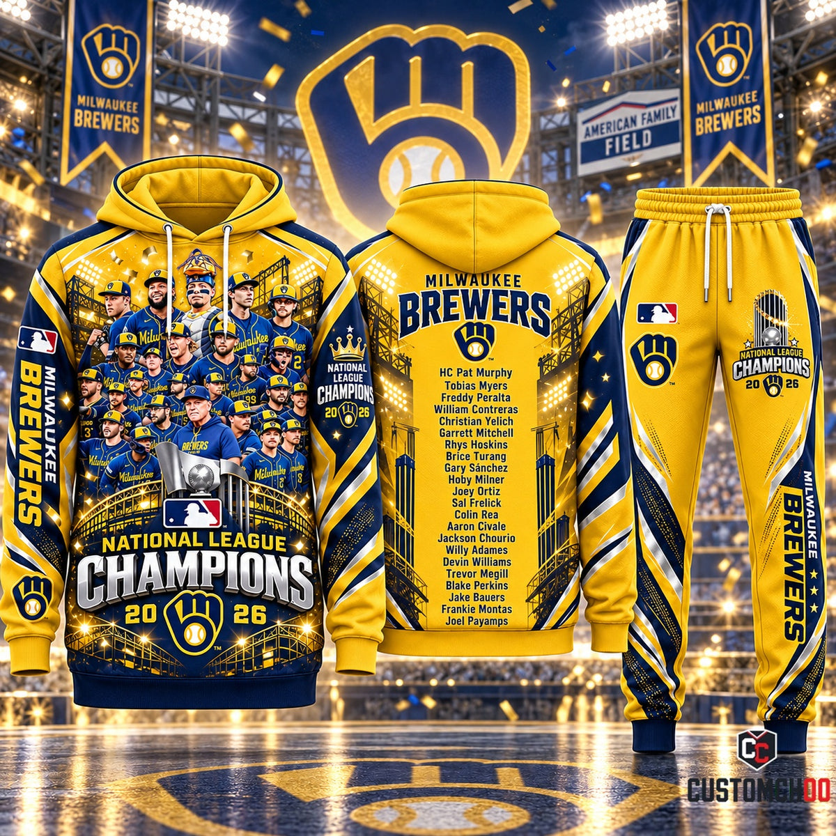 Milwaukee Brewers 2026 NL Champions Stadium Roster Graphic Hoodie and Sweatpants Tracksuit Set — Style 03 Radiant Gold Edition