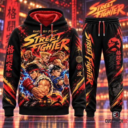 Street Fighter World Warriors Neon Arena Tracksuit Set featuring Ryu Chun-Li Guile Ken Dhalsim All-Over Graphic Pullover Hoodie and Matching Jogger Sweatpants HB161026