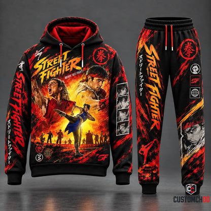Street Fighter Shoryuken Flame and Street Brawl Tracksuit Set with Ken Masters Ryu Chun-Li High Kick Graphic Pullover Hoodie and Matching Jogger Pants HB161026