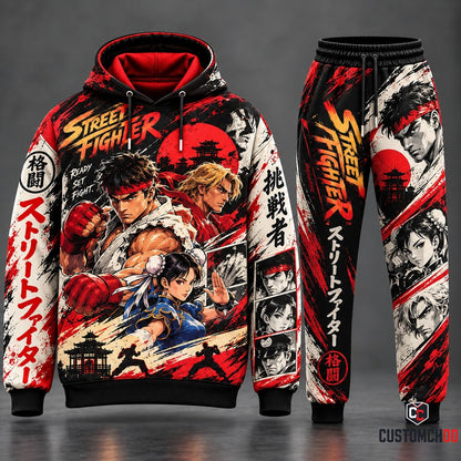 Street Fighter Anime Challenger Rising Sun Tracksuit Set featuring Ryu Ken Chun-Li Red Sun Pagoda Graphic Hoodie and Manga Panel Jogger Sweatpants HB161026