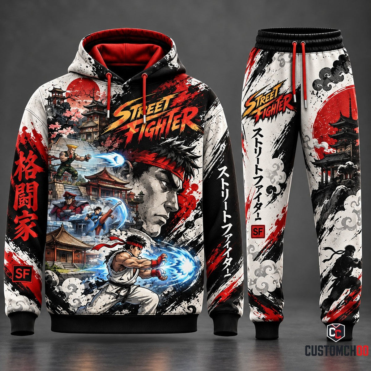 Street Fighter Sumi-e Japanese Ink Wash Hadouken Tracksuit Set with Ryu Hadouken Blast Cherry Blossom Pagoda Graphic Hoodie and Joggers HB161026