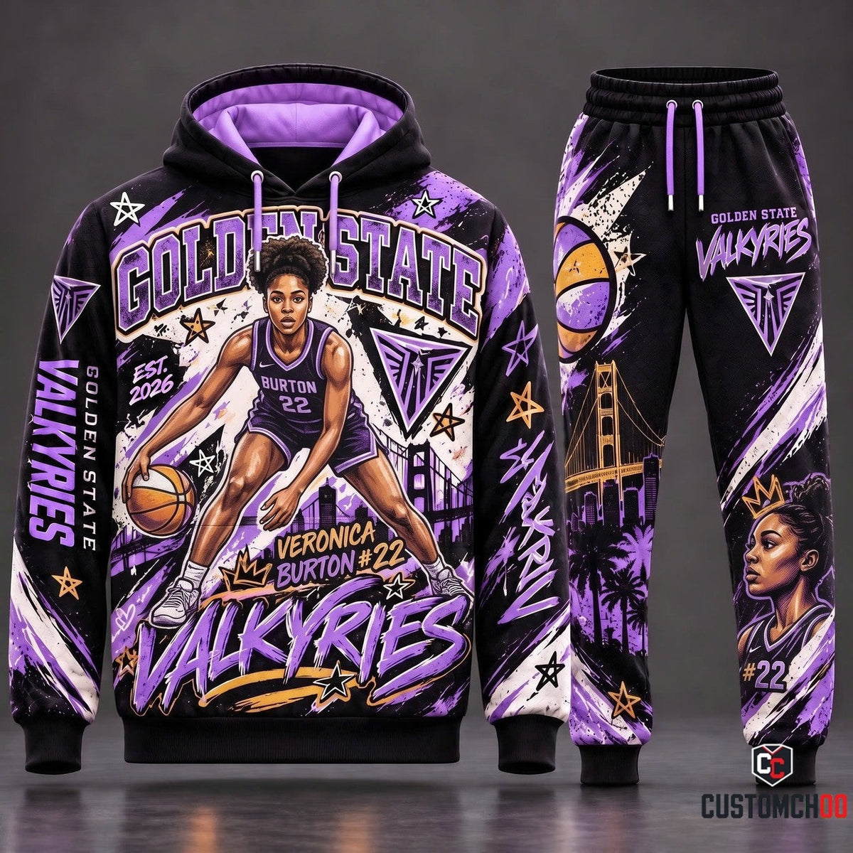 Golden State Valkyries Veronica Burton #22 Tracksuit Set with Violet Black Pullover Hoodie featuring Golden Gate Bridge and Matching Joggers HB181026-1