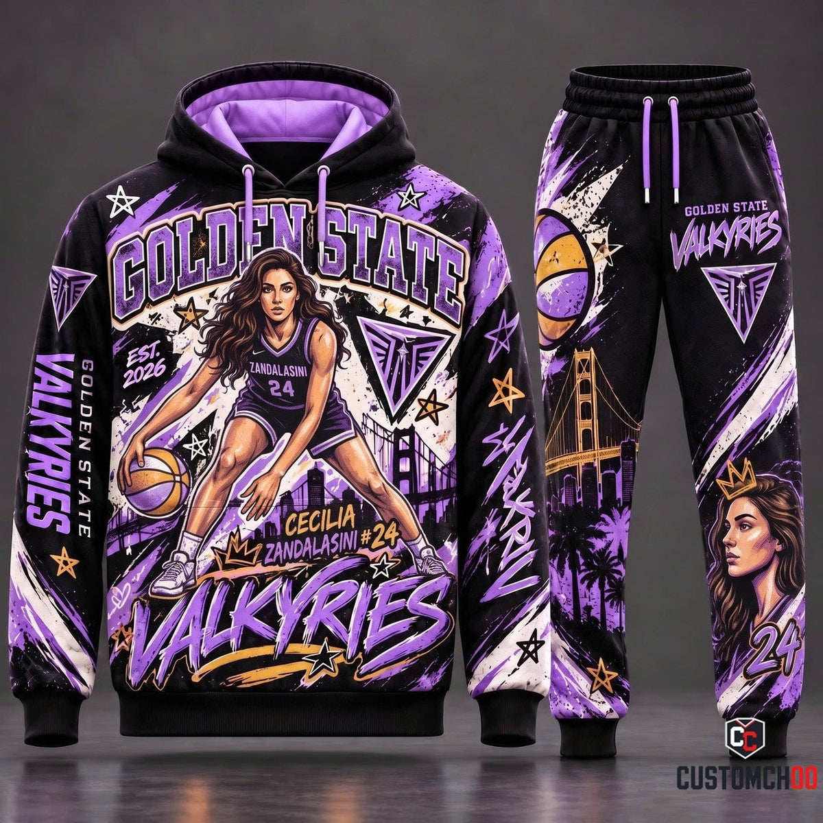 Golden State Valkyries Cecilia Zandalasini #24 Graphic Tracksuit Set with Bay Bridge Skyline Hoodie and Matching Jogger Sweatpants HB181026-1