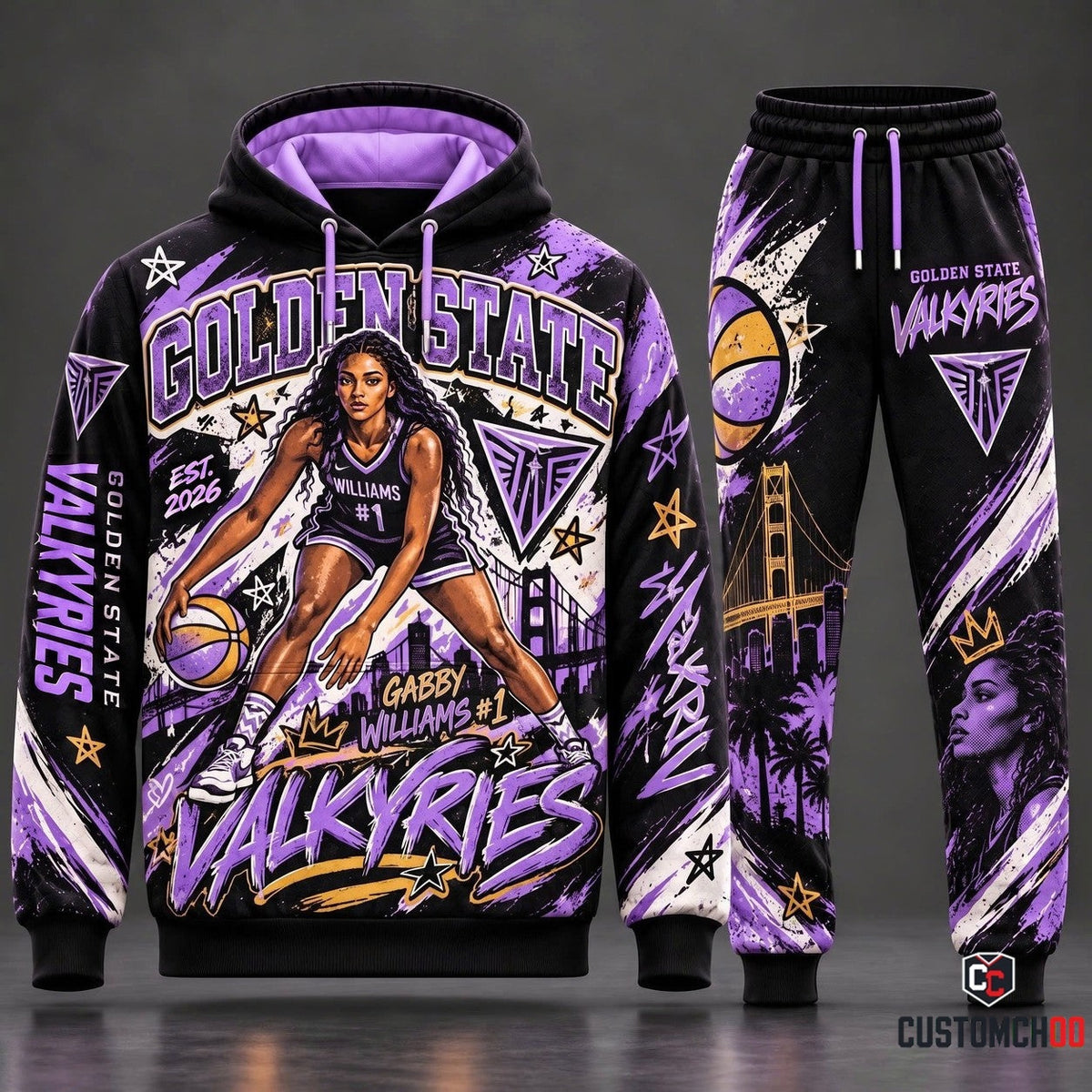 Golden State Valkyries Gabby Williams #1 Tracksuit Set featuring Graphic Pullover Fleece Hoodie and Tapered Sweatpants HB181026-1