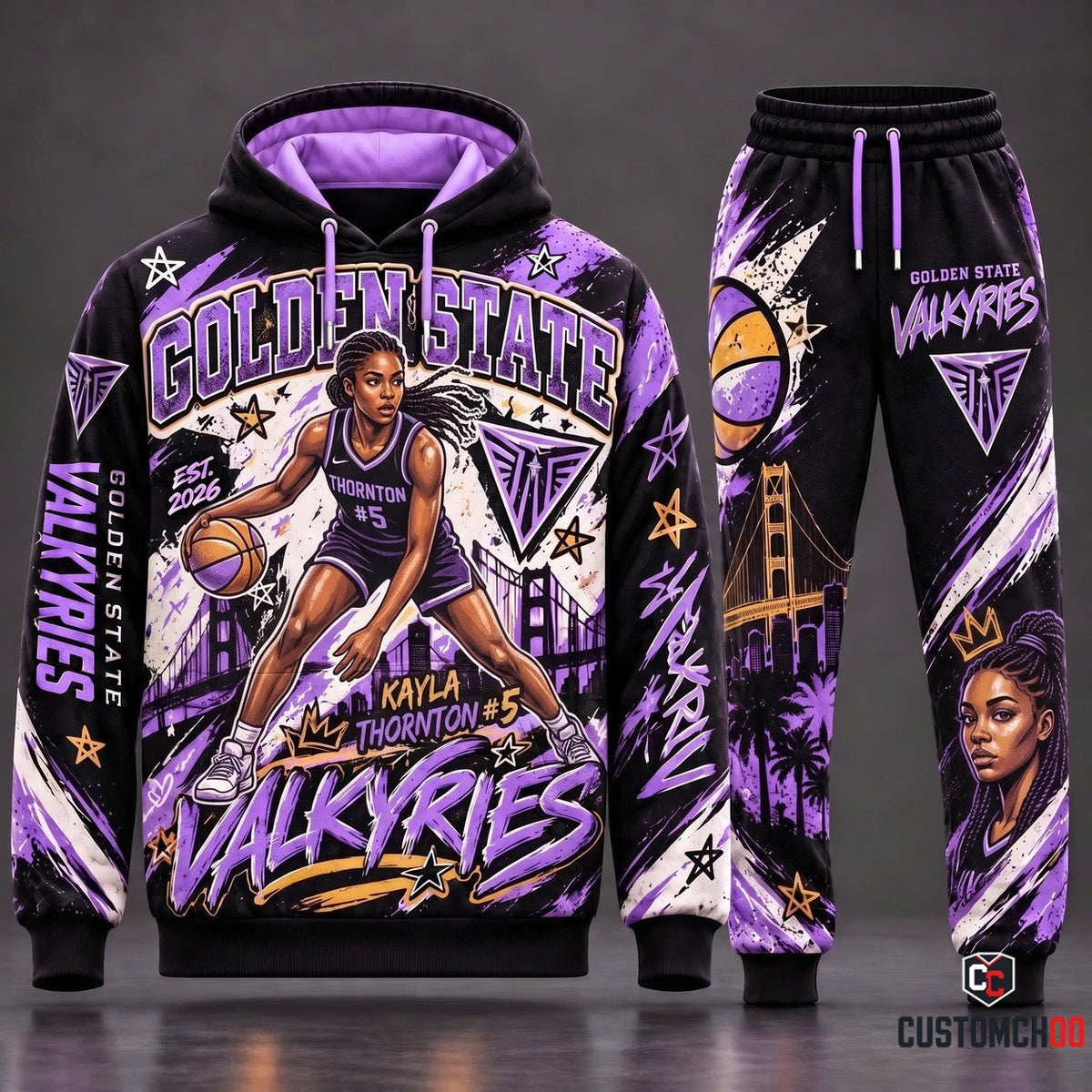 Golden State Valkyries Kayla Thornton #5 Streetwear Tracksuit Set with Violet Splash Graphic Hoodie and Matching Joggers HB181026-1