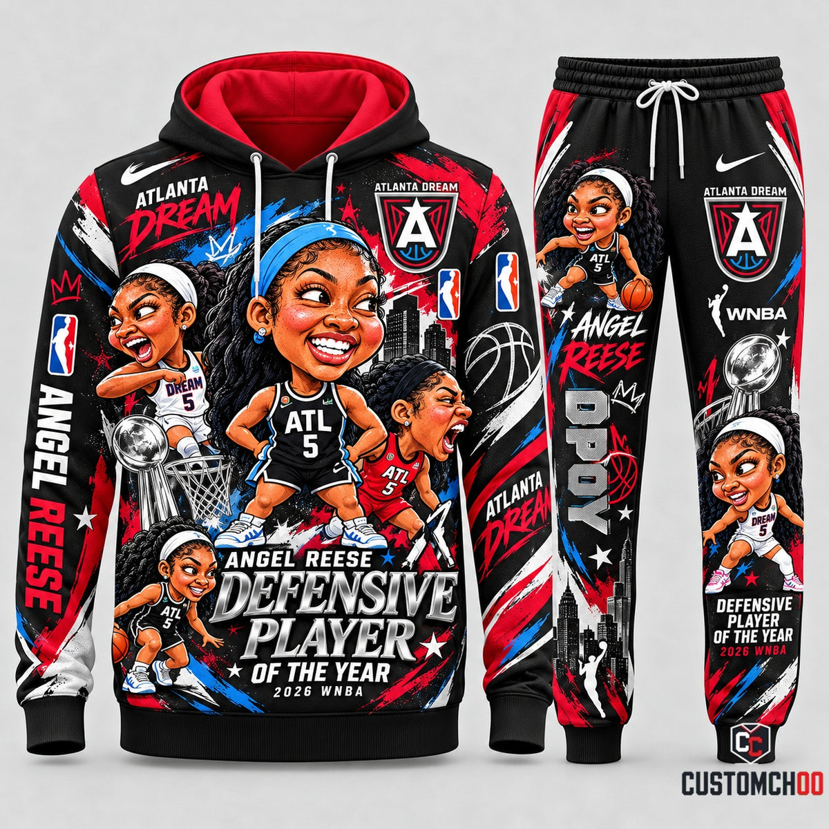 Angel Reese Atlanta Dream cute chibi graphic hoodie and sweatpants set, Style 01, black