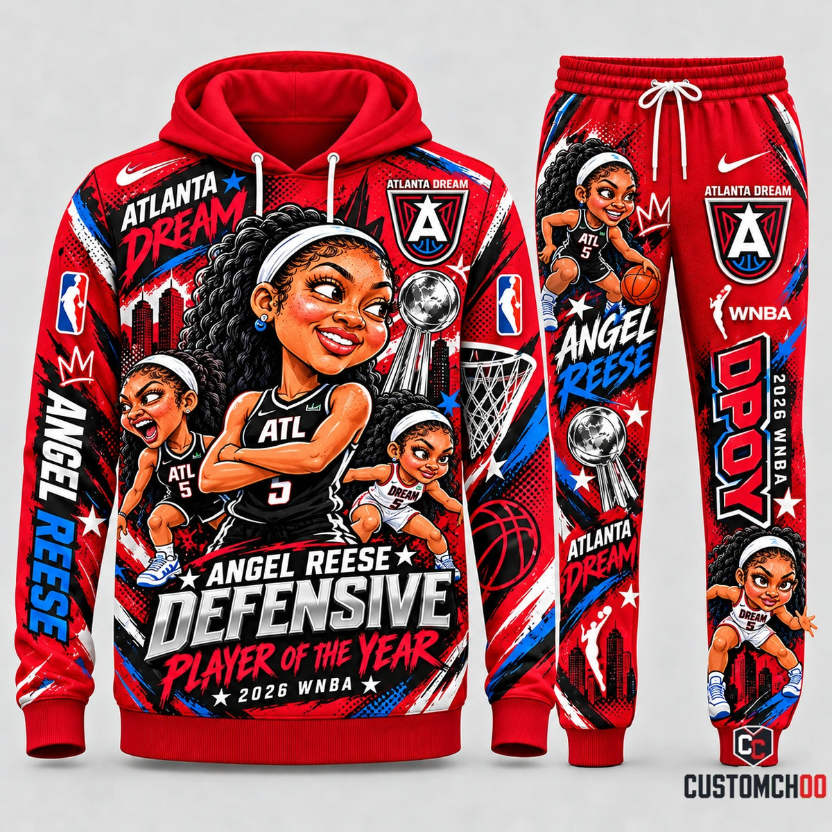 Angel Reese Atlanta Dream cute chibi graphic hoodie and sweatpants set, Style 02, red