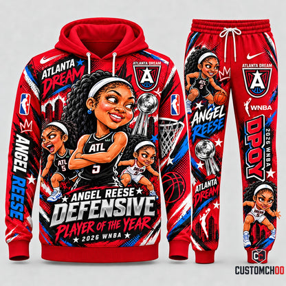 Angel Reese Atlanta Dream cute chibi graphic hoodie and sweatpants set, Style 02, red