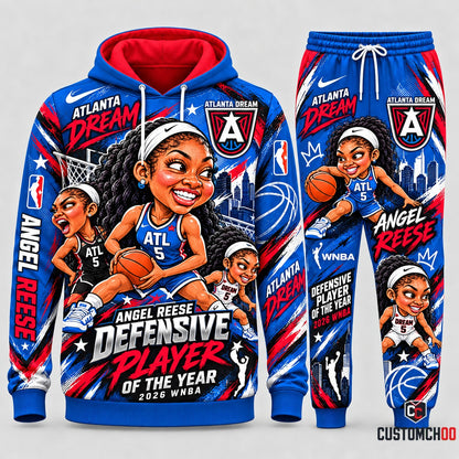 Angel Reese Atlanta Dream cute chibi graphic hoodie and sweatpants set, Style 03, blue