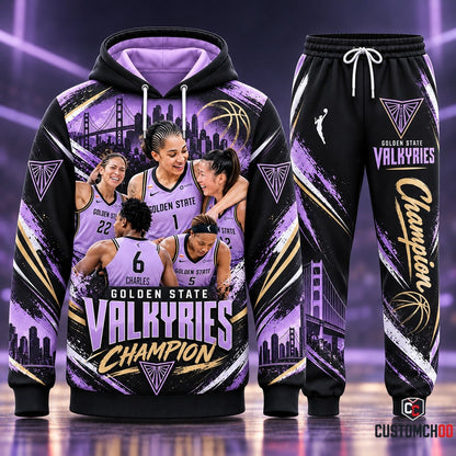 Golden State Valkyries Champion Celebration Tracksuit Set with Violet Pullover Hoodie featuring Golden Gate Bridge Skyline and Matching Champion Script Joggers HB161026-2