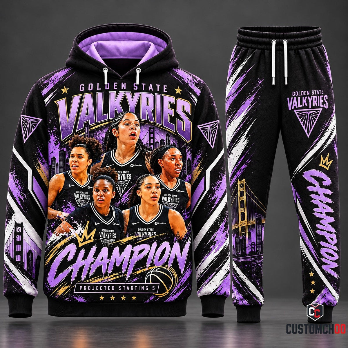 Golden State Valkyries Projected Starting 5 Crown Champion Tracksuit Set with Black Graphic Fleece Hoodie and Tapered Sweatpants HB161026-2