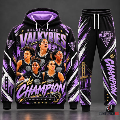 Golden State Valkyries Projected Starting 5 Crown Champion Tracksuit Set with Black Graphic Fleece Hoodie and Tapered Sweatpants HB161026-2
