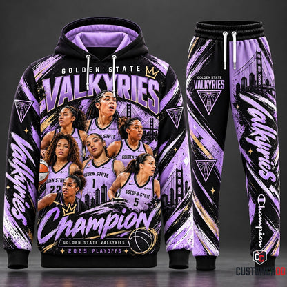 Golden State Valkyries 2025 Playoffs Lavender Crown Champion Tracksuit Set with Roster Graphic Pullover Hoodie and Matching Joggers HB161026-2