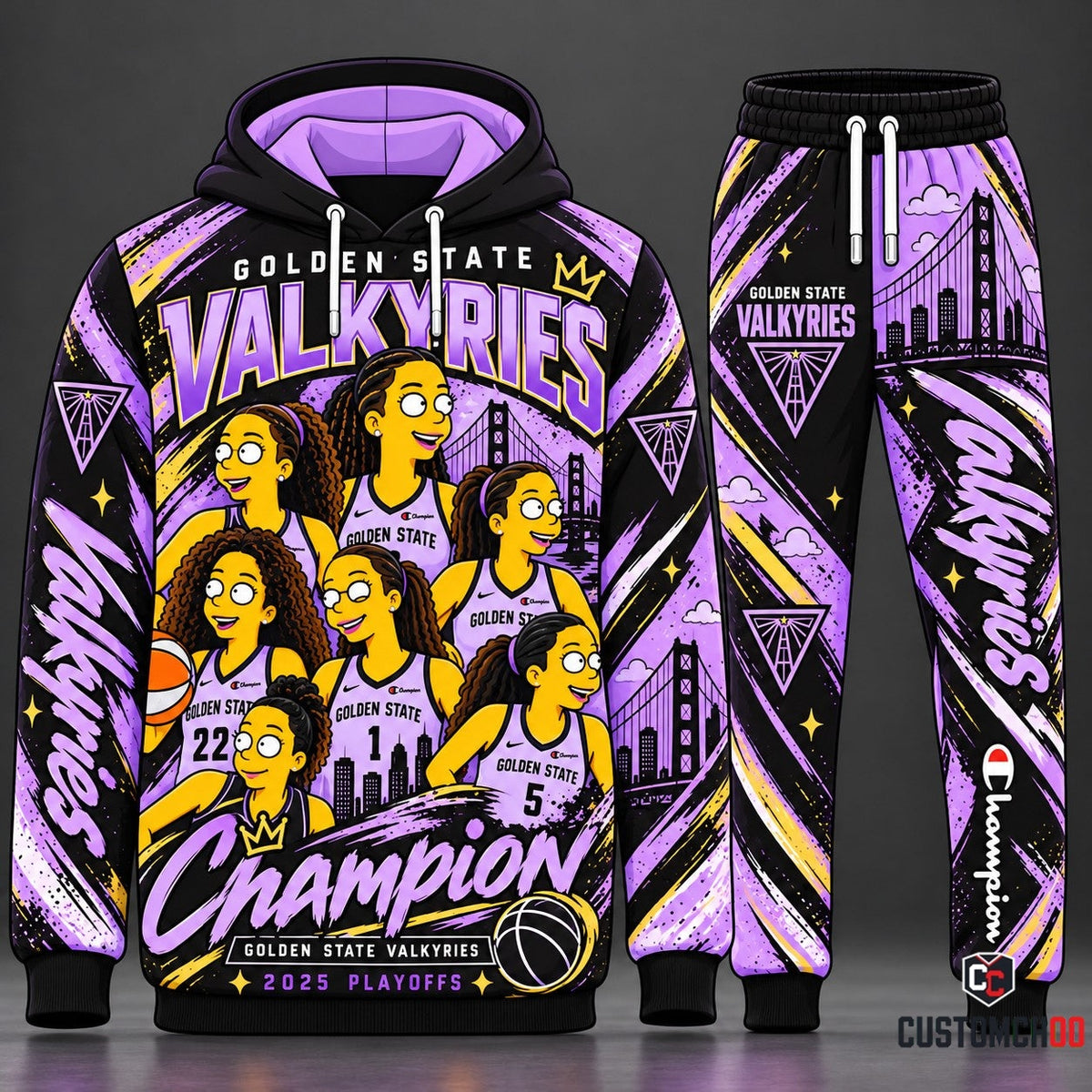 Golden State Valkyries Cartoon Caricature 2025 Playoffs Lavender Tracksuit Set with 7 Player Animated Graphic Hoodie and Matching Jogger Sweatpants HB181026-3