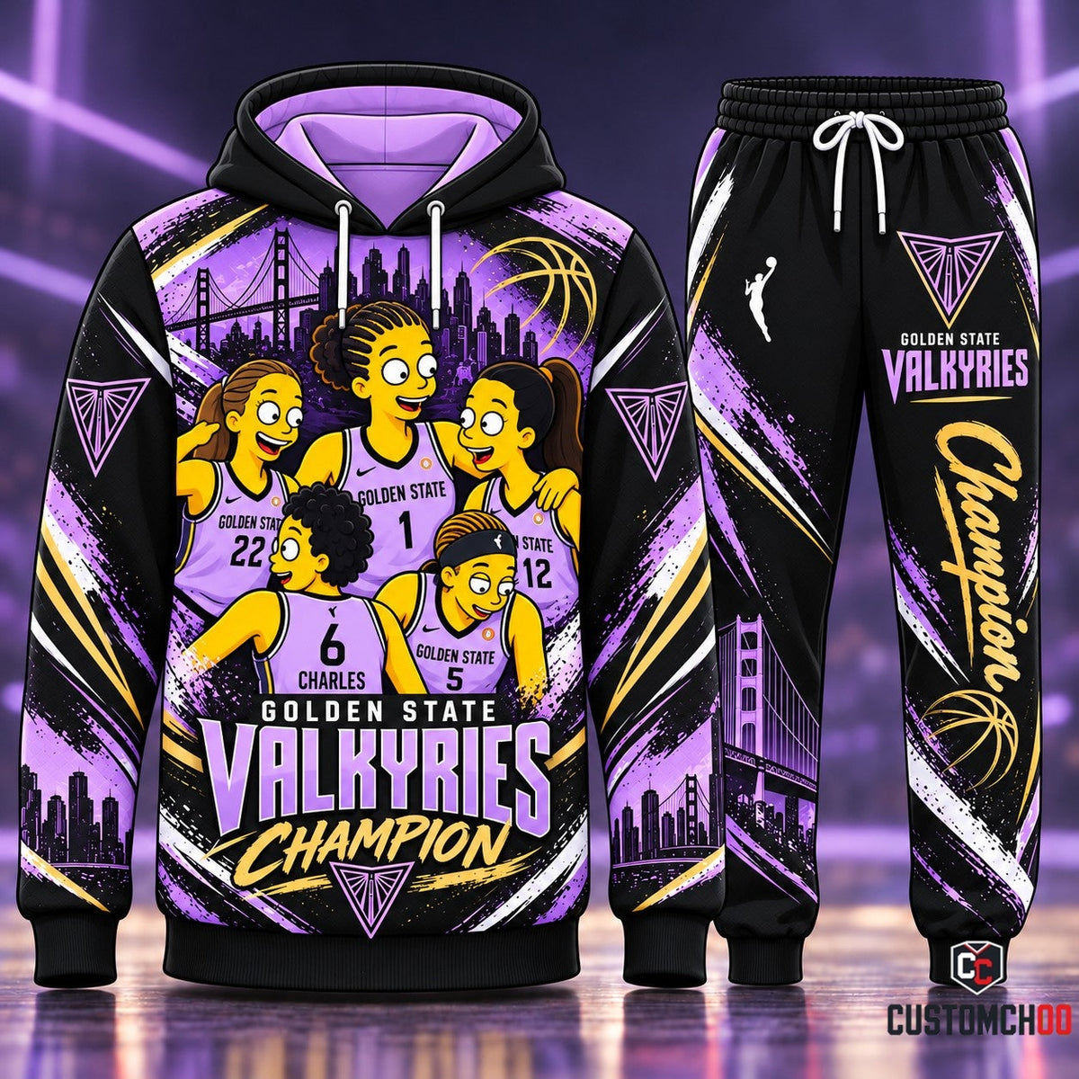 Golden State Valkyries Cartoon Caricature Champion Huddle Celebration Tracksuit Set with Lavender Animated Graphic Hoodie and Matching Pants HB181026-3
