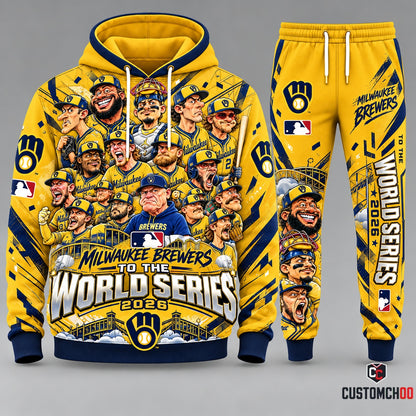 Milwaukee Brewers cartoon World Series 2026 hoodie and sweatpants set, Style 03, gold and navy