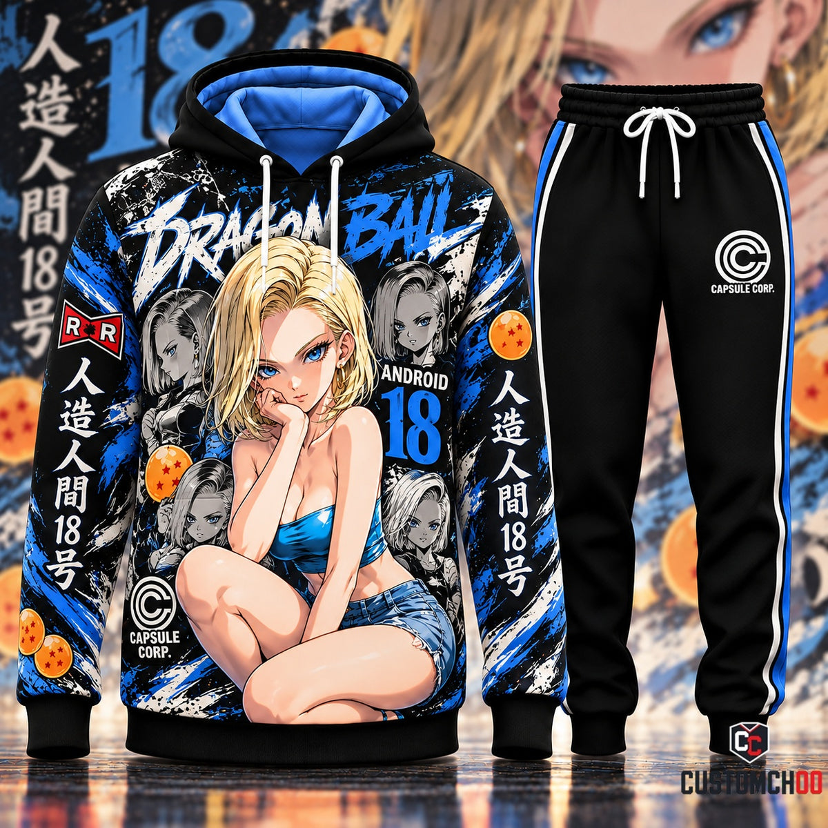Android 18 anime hoodie and black jogger set with blue and white collage artwork, Style 01