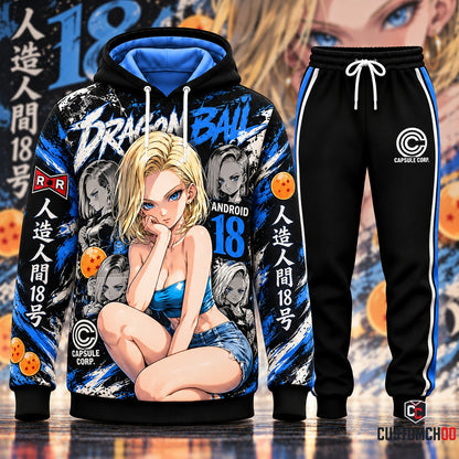 Android 18 anime hoodie and black jogger set with blue and white collage artwork, Style 01