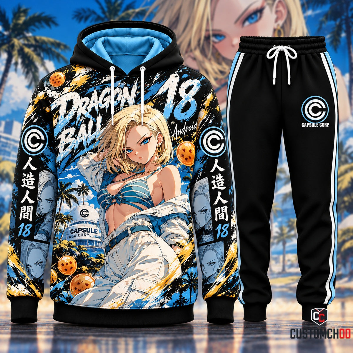 Android 18 tropical anime hoodie and black joggers with palm tree artwork and sky blue accents, Style 02