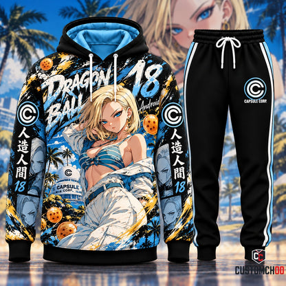 Android 18 tropical anime hoodie and black joggers with palm tree artwork and sky blue accents, Style 02