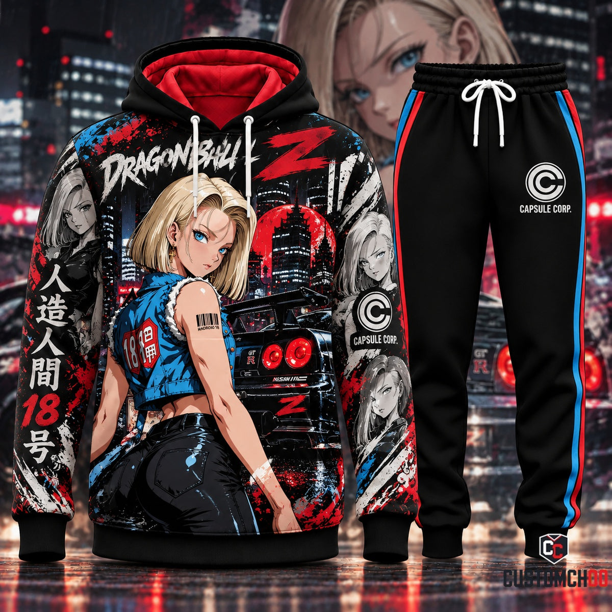 Android 18 neon city anime hoodie and black jogger set with red and blue accents and sports car artwork, Style 03