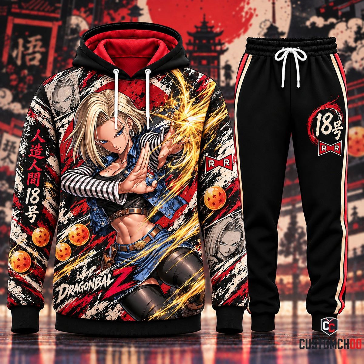 Android 18 battle anime hoodie and black joggers with red cream and gold energy graphics, Style 04